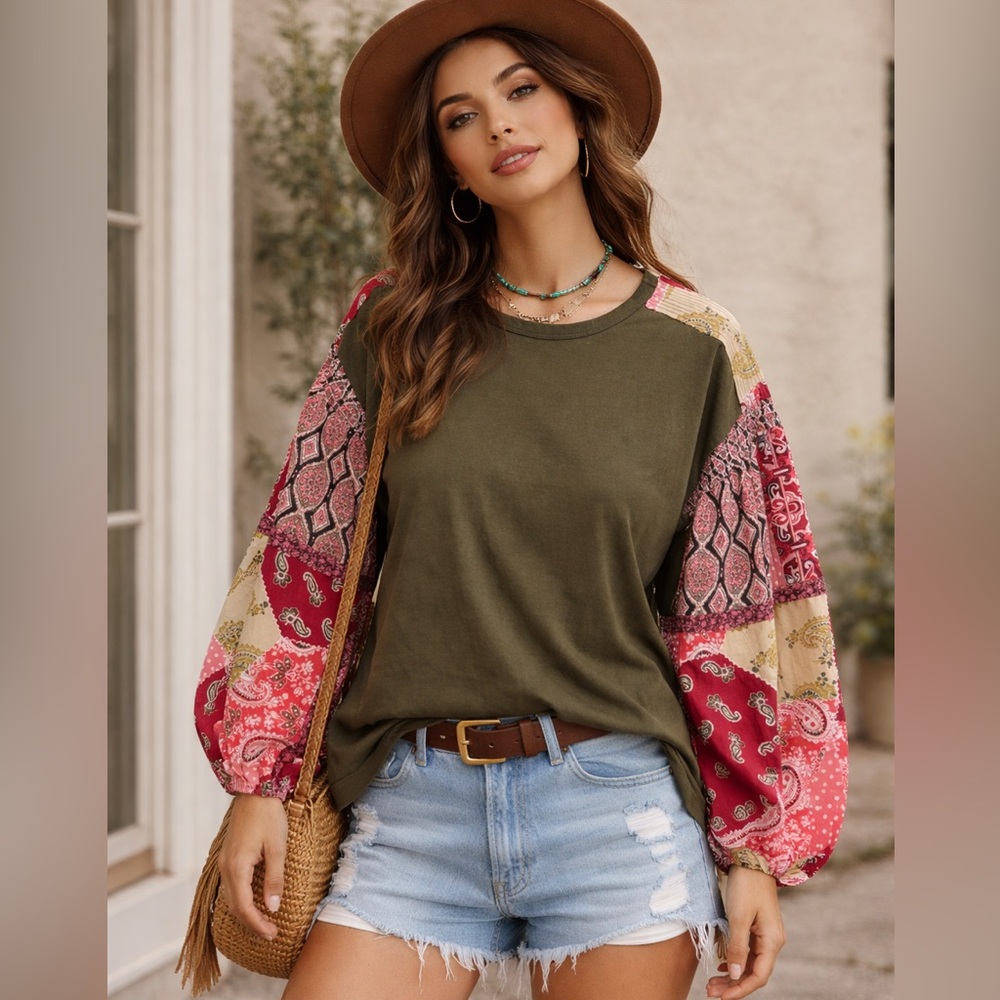 Easel Boho Olive Top Patchwork Balloon Sleeves NW… - image 1